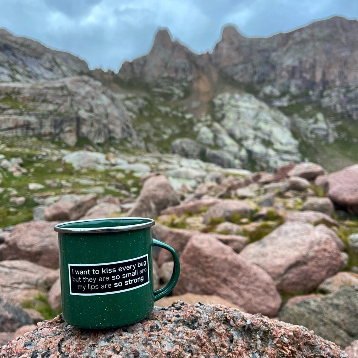 A cup of instant coffee in a beautiful alpine meadow surrounded by 13,000ft mountains